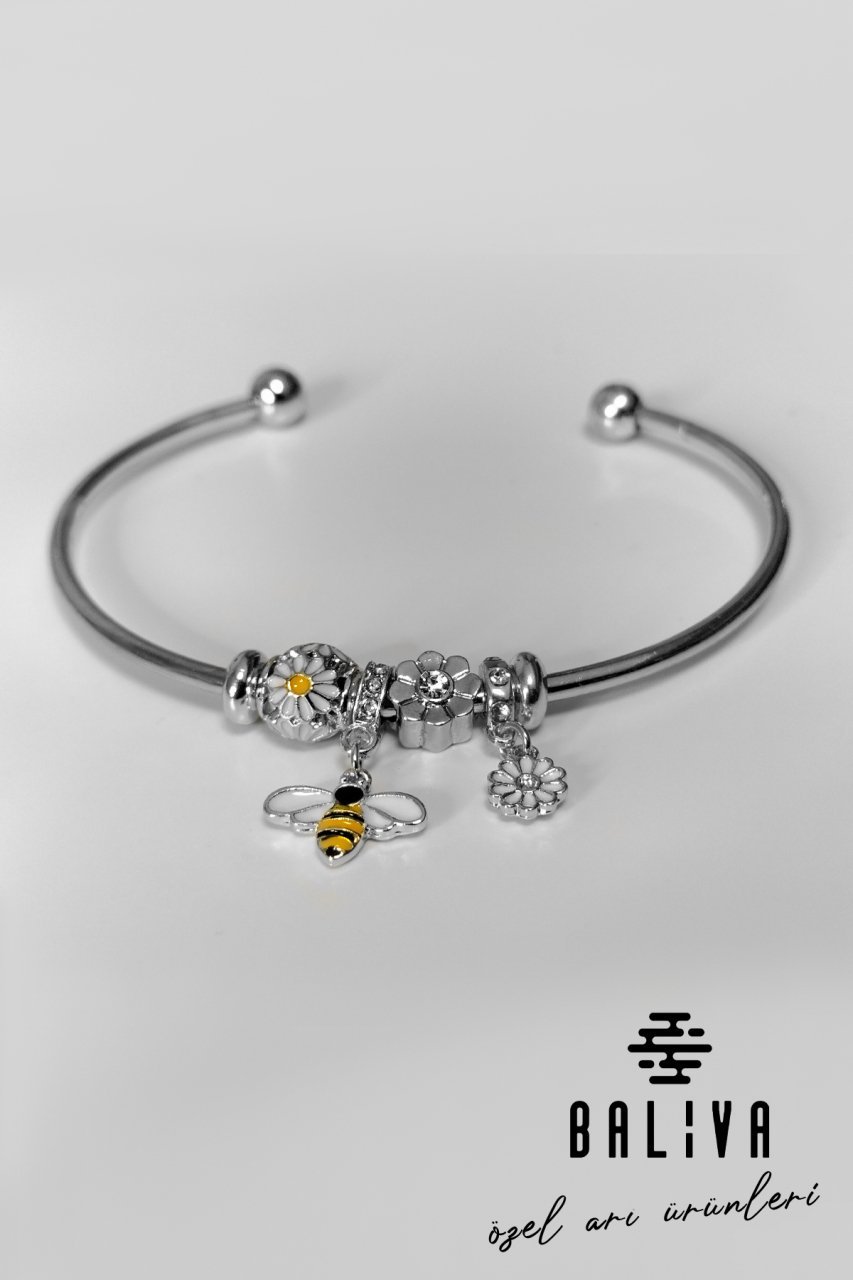 Arılı - Çiçekli Silver Kelepçe Bileklik